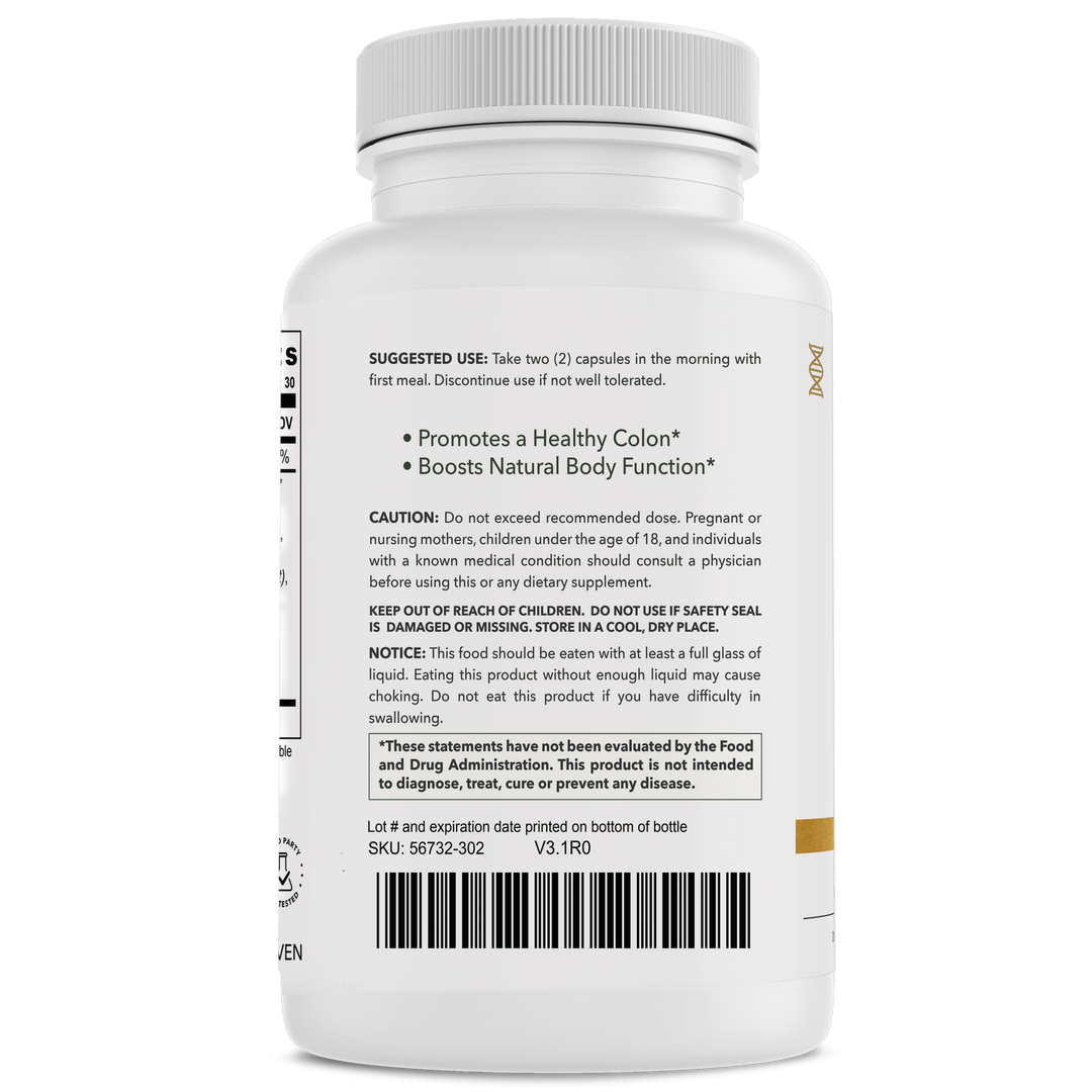 Colon Comfort+ bottle back with usage directions by CuraMyHealth