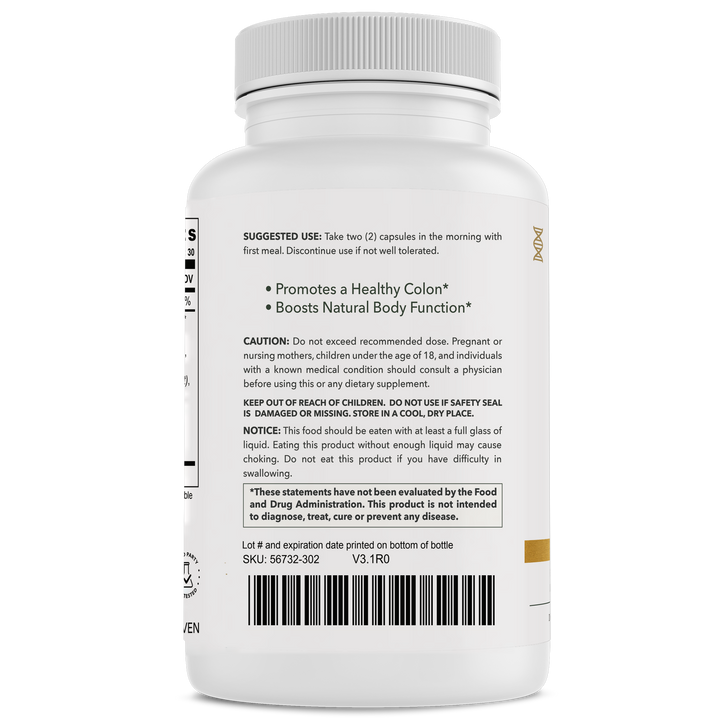 Colon Comfort+ bottle back with usage directions by CuraMyHealth