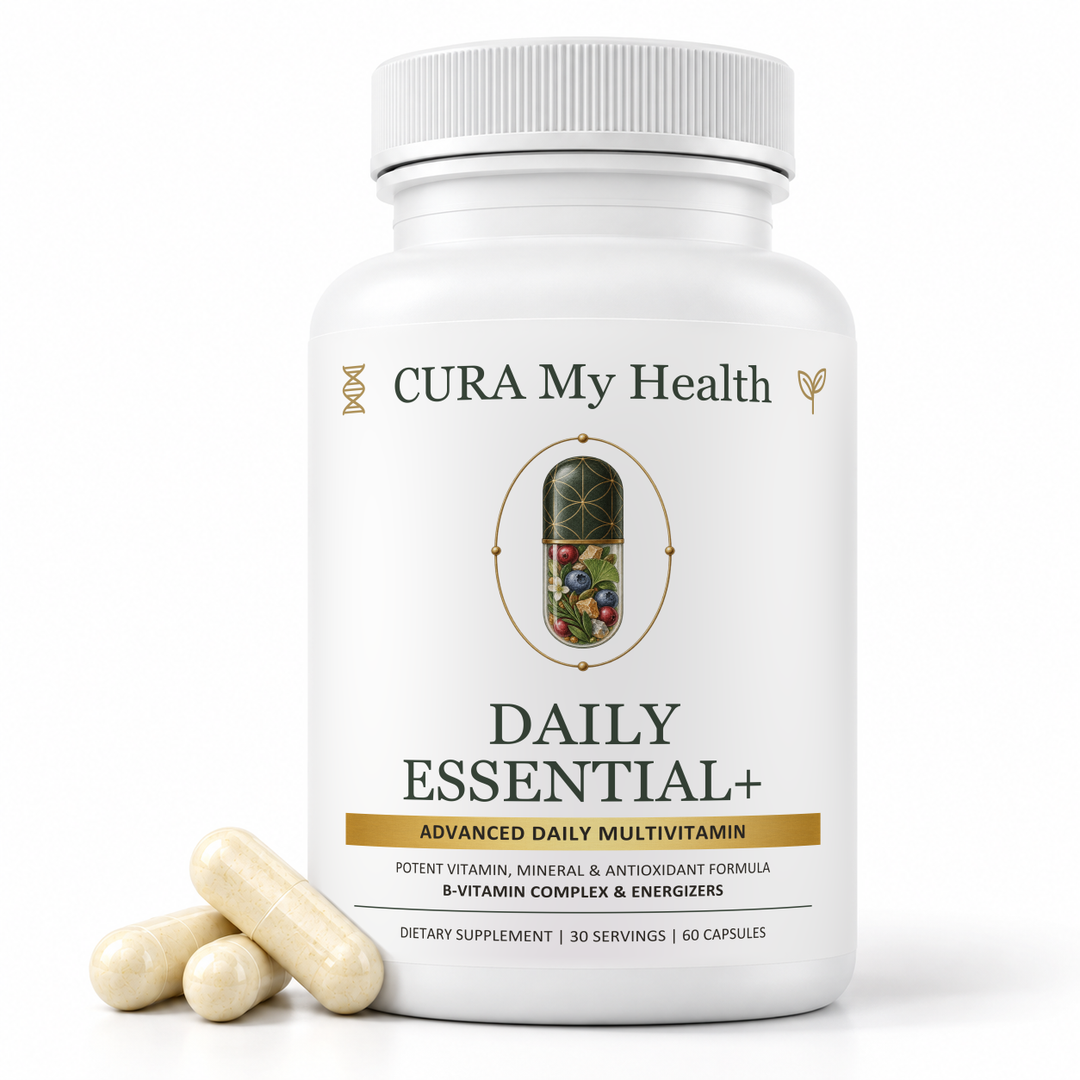 Daily Essential+ bottle with three capsules, lit from the front left