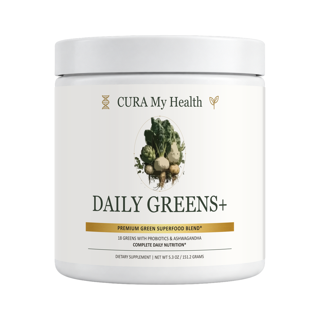Daily Greens+ supplement powder tub front view by CuraMyHealth
