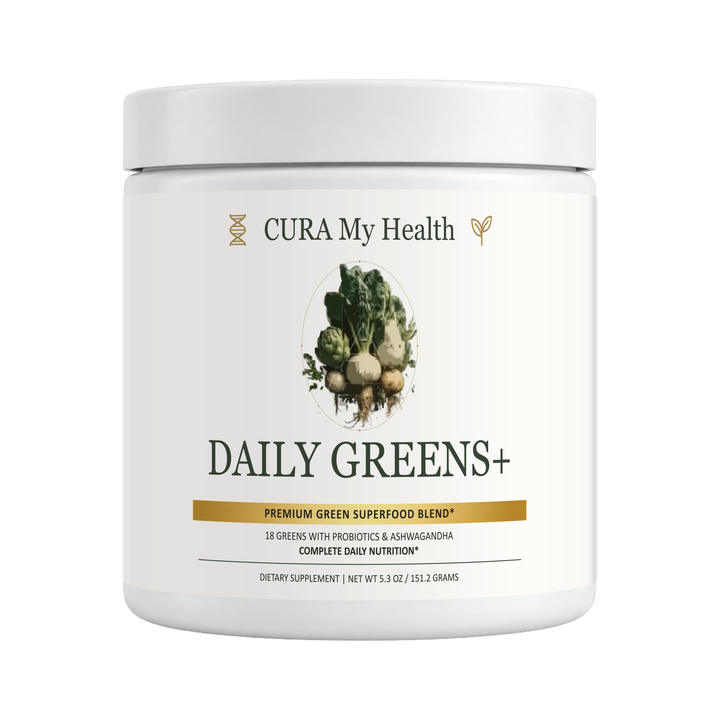 Daily Greens+ supplement powder tub front view by CuraMyHealth
