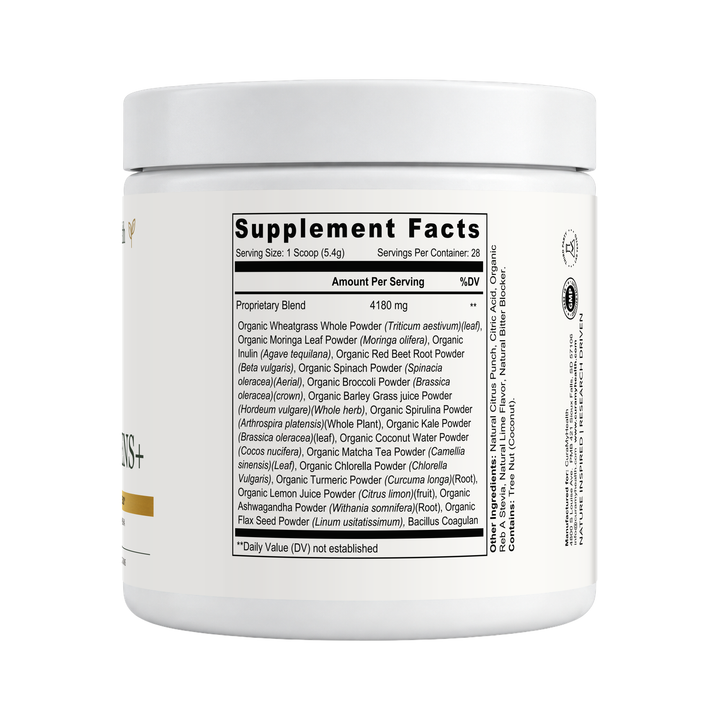 Daily Greens+ supplement facts label by CuraMyHealth