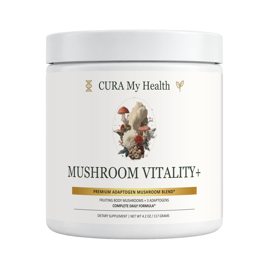 Mushroom Vitality+ supplement powder tub front view by CuraMyHealth