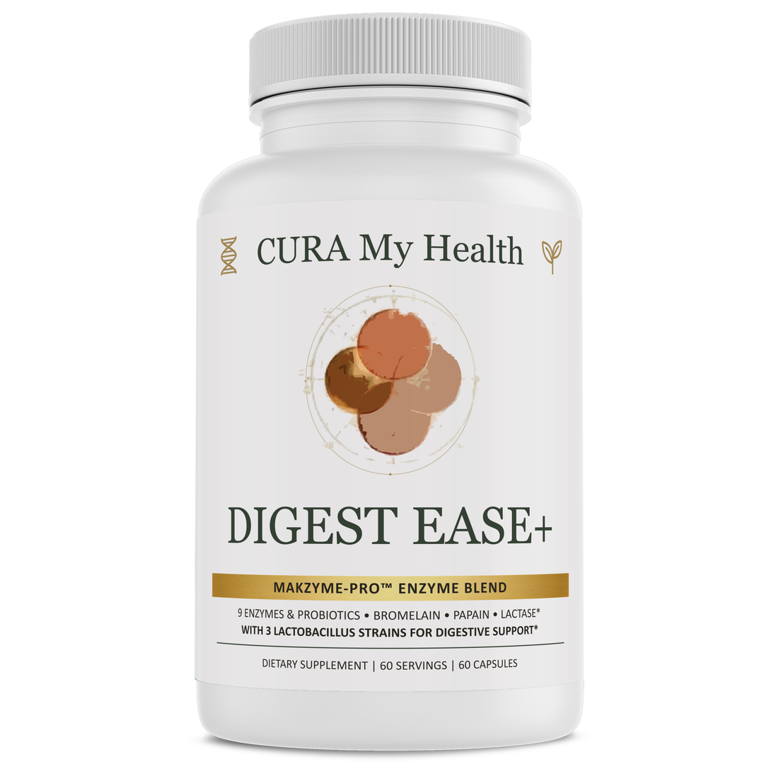 Digest Ease+ supplement bottle front view by CuraMyHealth