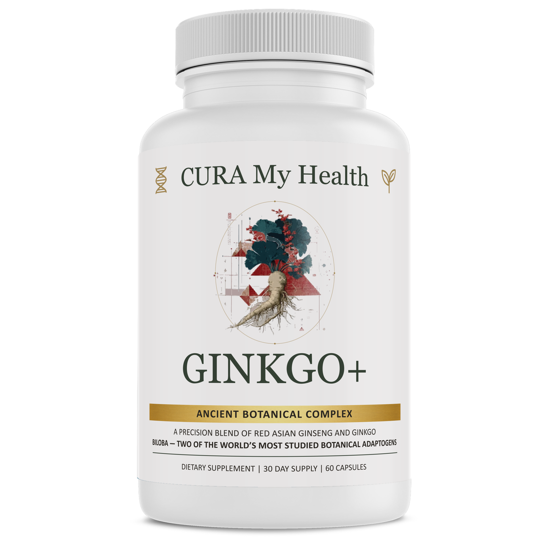 Ginkgo+ supplement bottle front view by CuraMyHealth