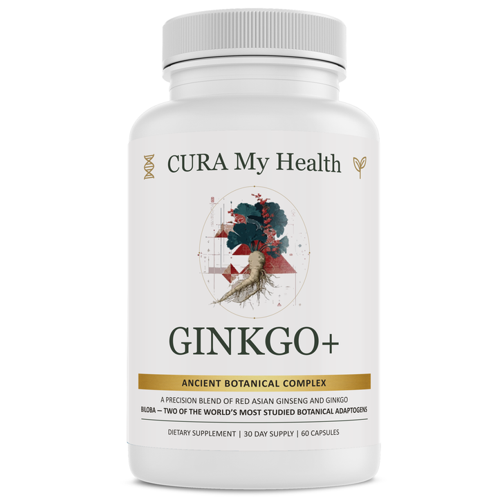 Ginkgo+ supplement bottle front view by CuraMyHealth