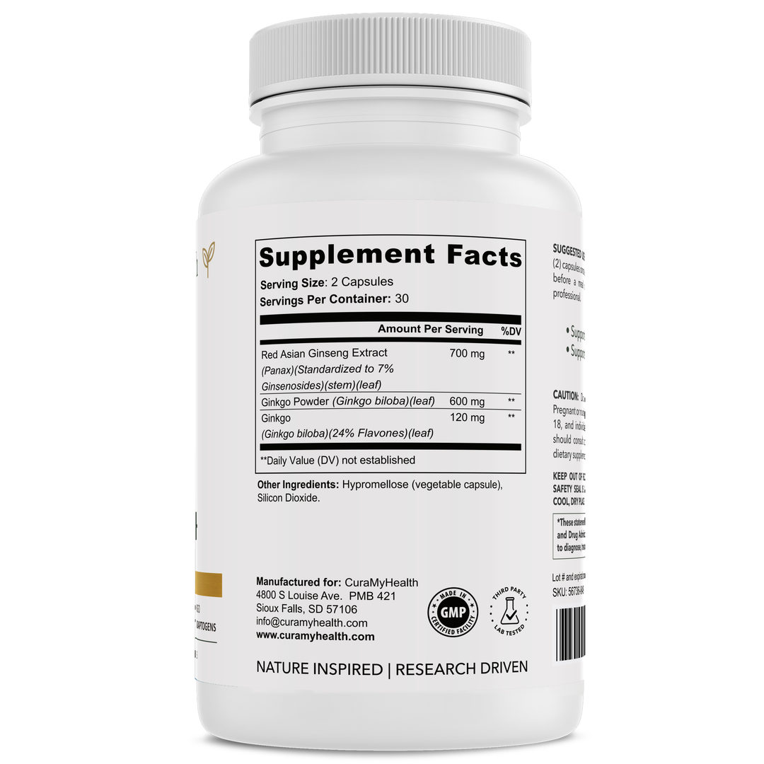 Ginkgo+ supplement facts label by CuraMyHealth