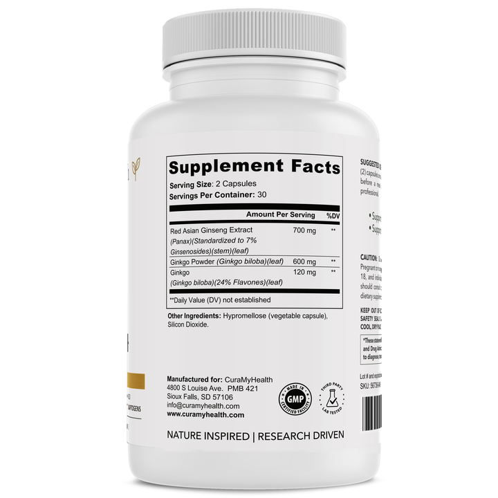 Ginkgo+ supplement facts label by CuraMyHealth