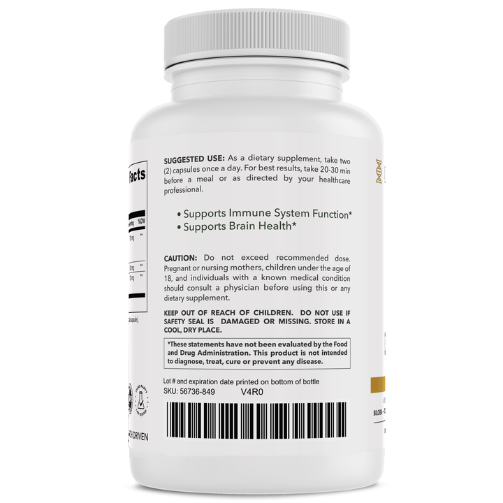 Ginkgo+ bottle back with usage directions by CuraMyHealth