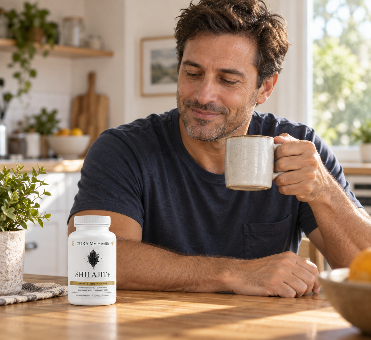 Man enjoying his morning coffee at a kitchen table with CuraMyHealth Shilajit+ supplements.