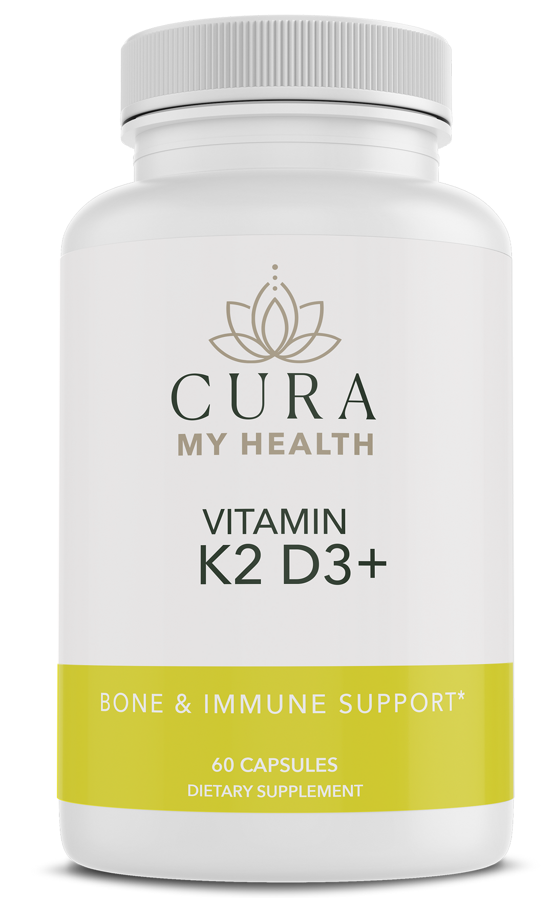 Vitamin K2/D3+ bone and immune support supplement bottle by CuraMyHealth