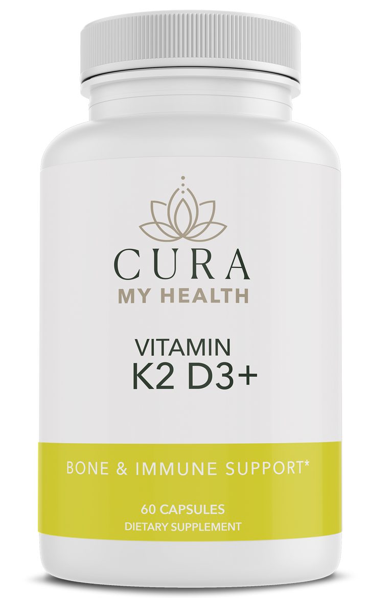 Vitamin K2/D3+ bone and immune support supplement bottle by CuraMyHealth