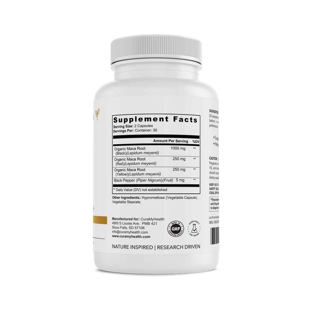 Maca Root+ - supplement facts bottle