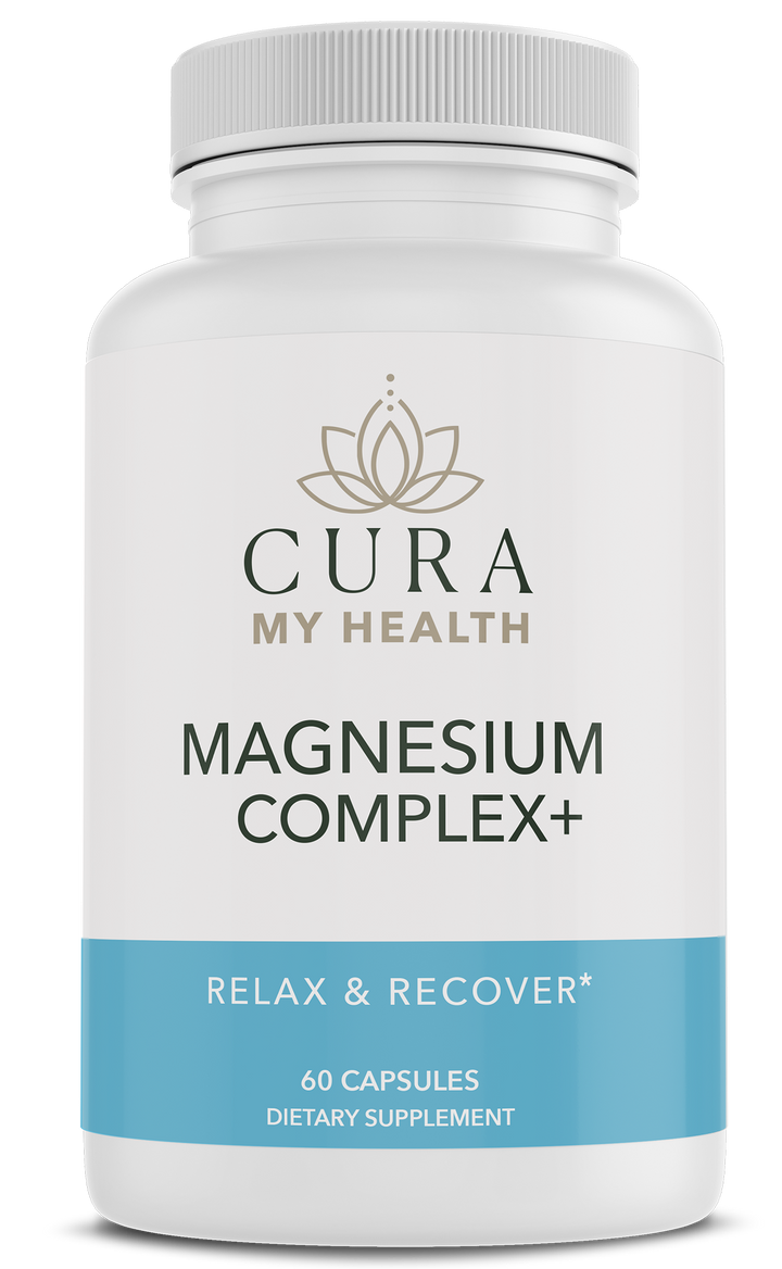 Magnesium Complex+ muscle relaxation and recovery supplement bottle by CuraMyHealth