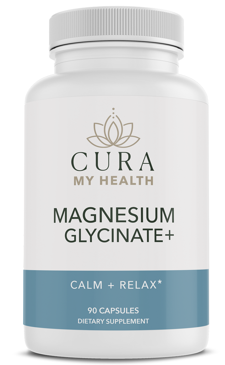 Magnesium Glycinate+ relaxation and sleep support supplement bottle by CuraMyHealth
