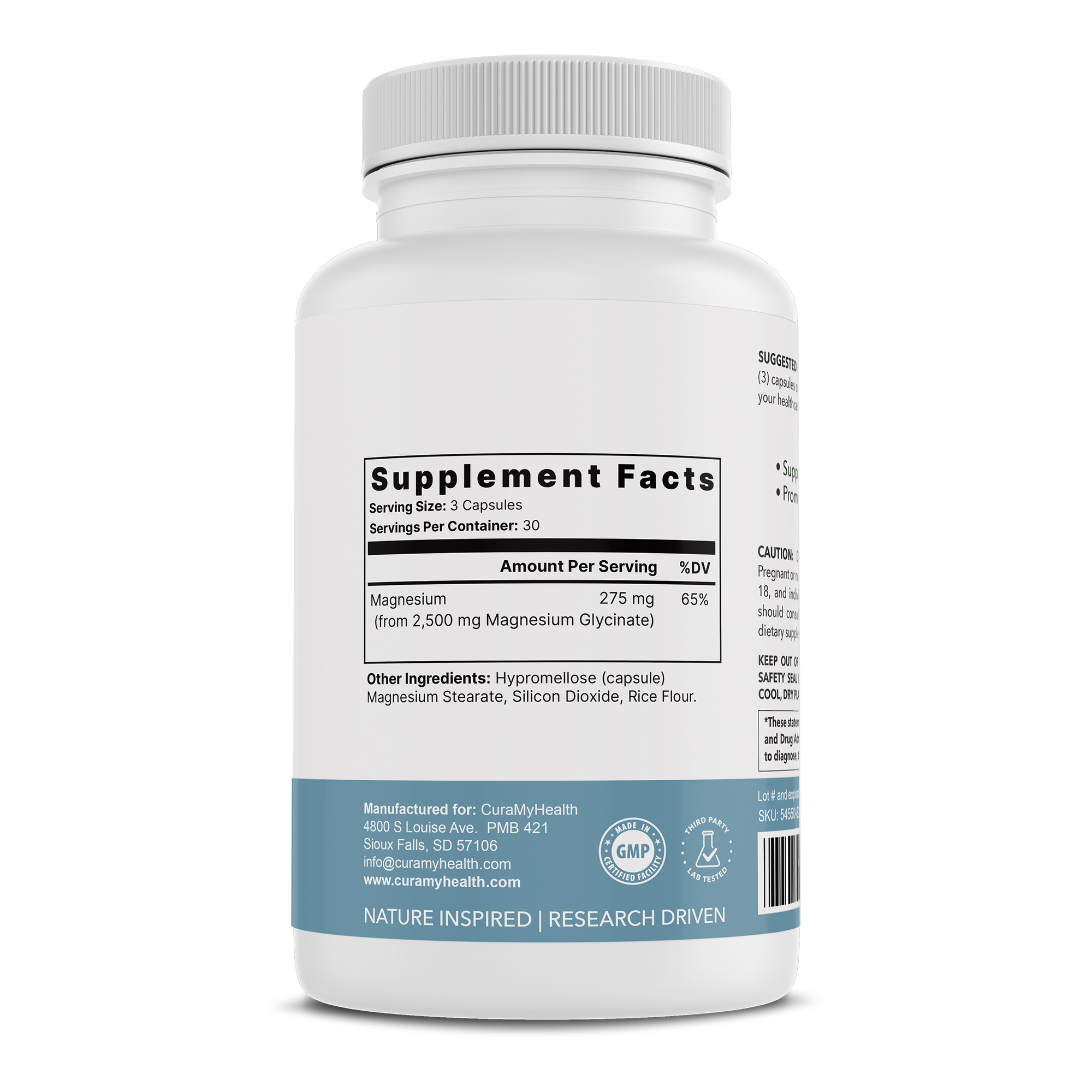 Magnesium Glycinate+ supplement facts label by CuraMyHealth