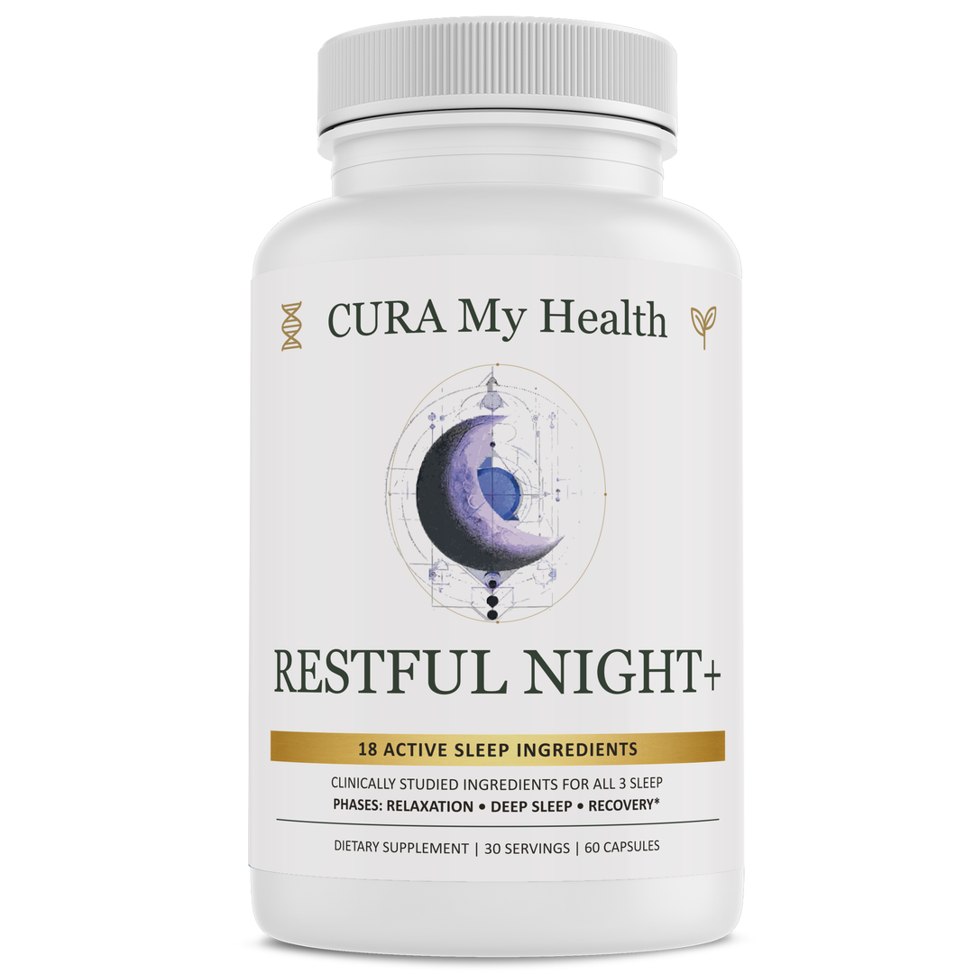 Restful Night+ supplement bottle front view by CuraMyHealth