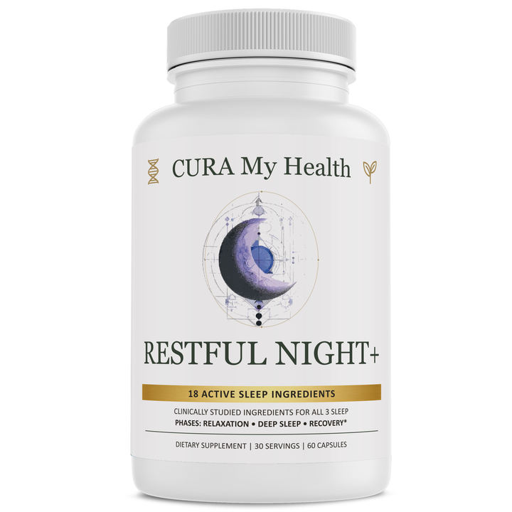 Restful Night+ supplement bottle front view by CuraMyHealth