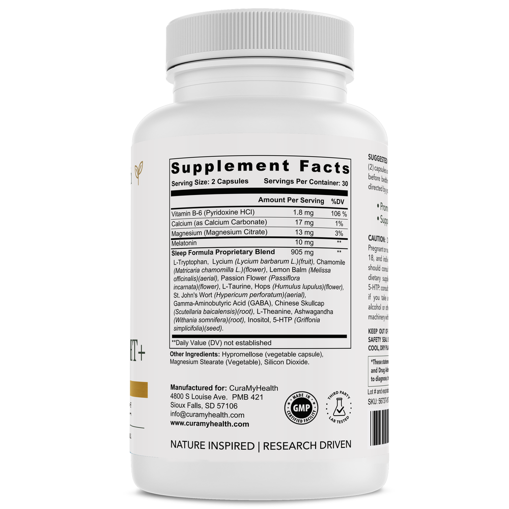 Restful Night+ supplement facts label by CuraMyHealth