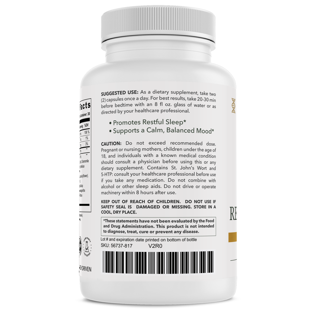 Restful Night+ bottle back with usage directions by CuraMyHealth