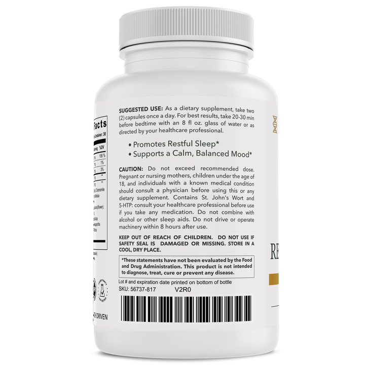 Restful Night+ bottle back with usage directions by CuraMyHealth