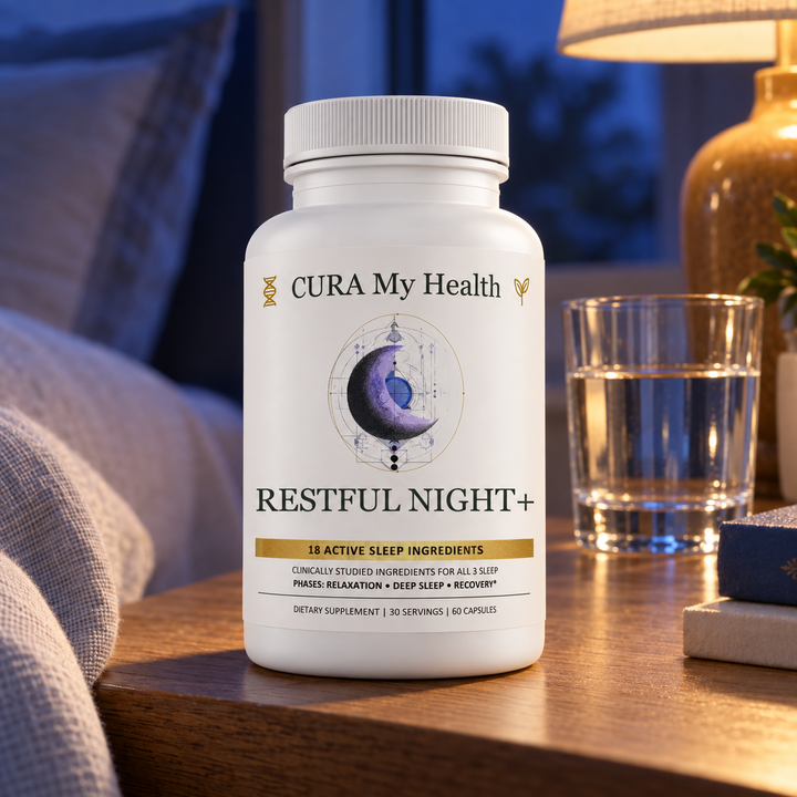 Restful Night+ bottle on a bedside table beside a glass of water