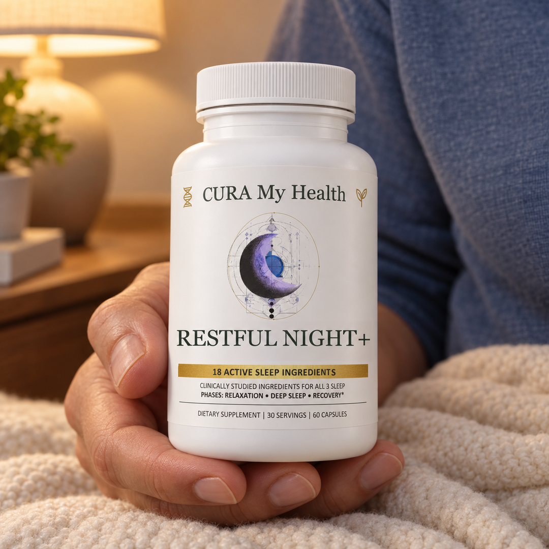 Restful Night+ bottle held in one hand over a knit blanket