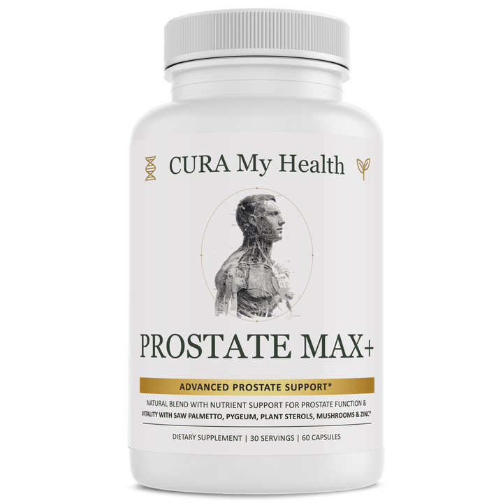 Prostate Max+ supplement bottle front view by CuraMyHealth