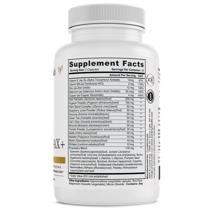 Prostate Max+ supplement facts label by CuraMyHealth