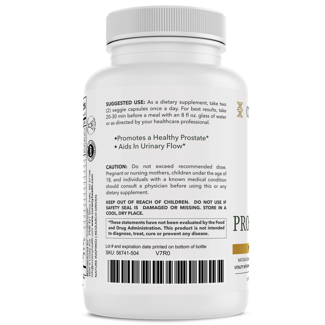Prostate Max+ bottle back with usage directions by CuraMyHealth