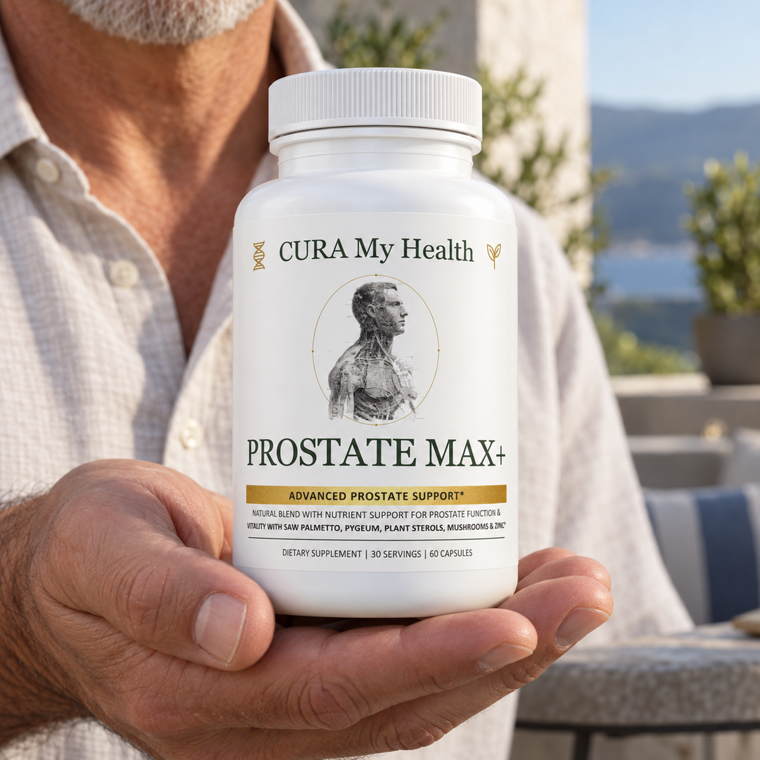 Prostate Max+ bottle in a lifestyle setting