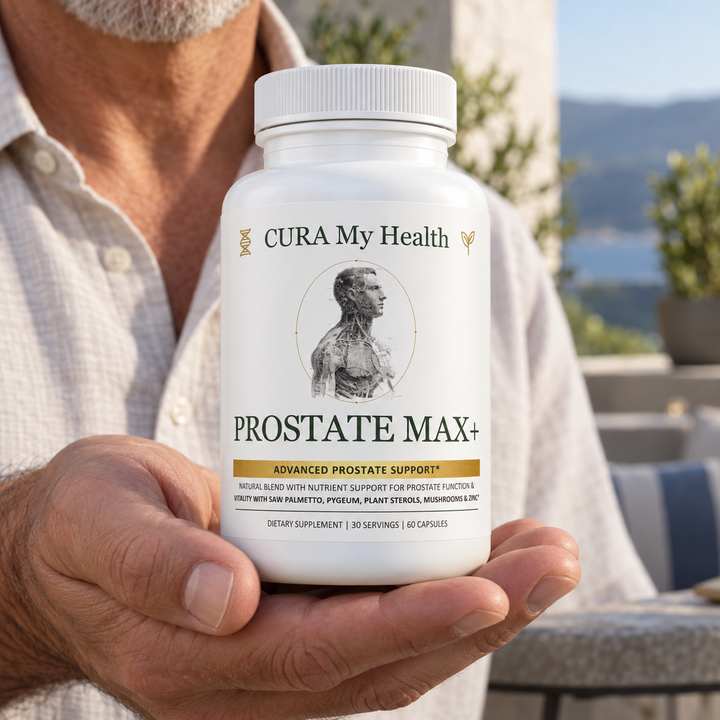 Prostate Max+ bottle in a lifestyle setting