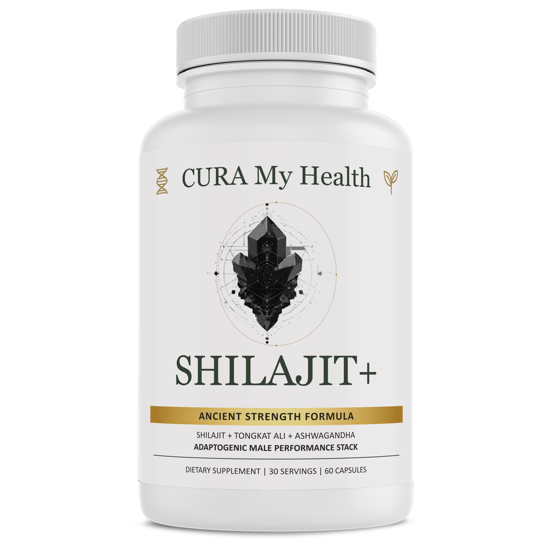 Shilajit+ supplement bottle front view by CuraMyHealth