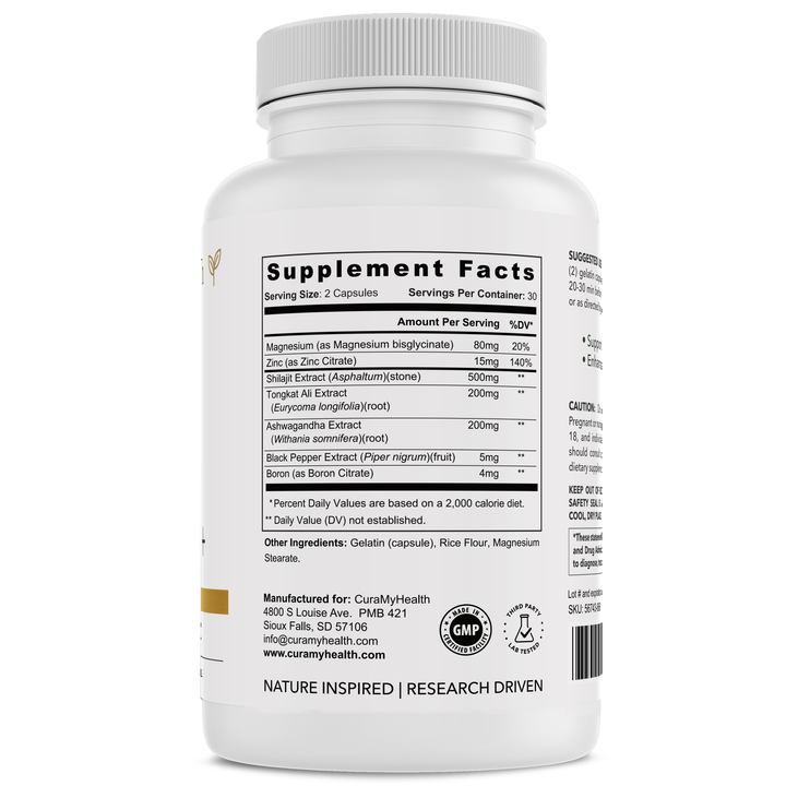 Shilajit+ supplement facts label by CuraMyHealth