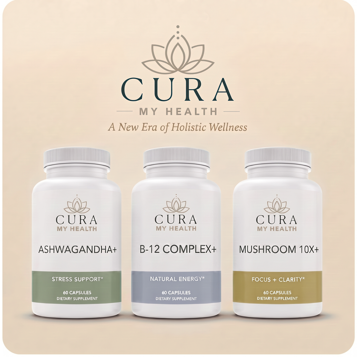 Stress + Energy Reset Bundle — Ashwagandha+, B-12 Complex+, and Mushroom 10X+ by CuraMyHealth
