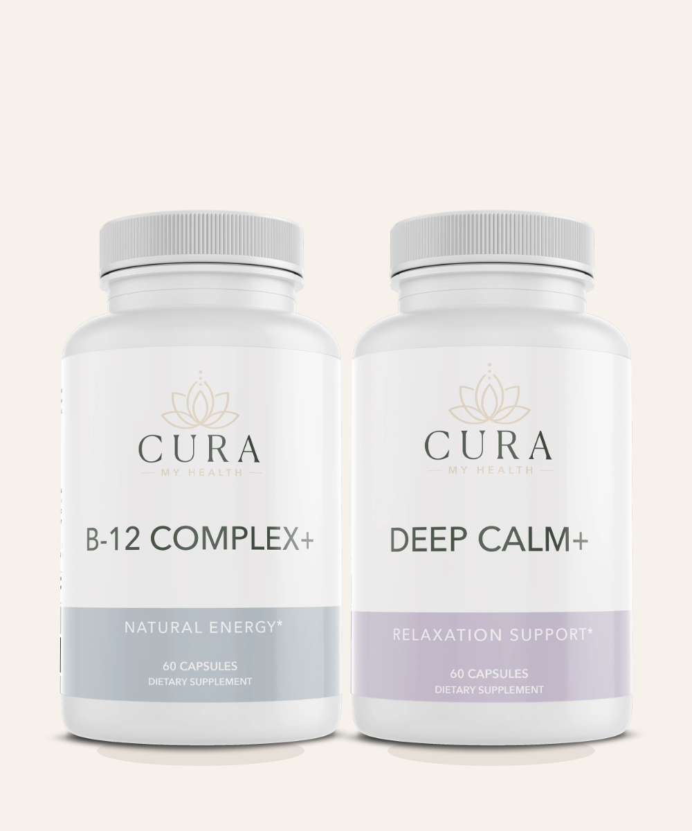 B-12 Complex+ and Deep Calm+ bottles side by side