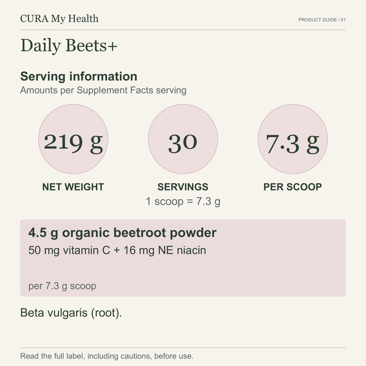 Daily Beets+ serving information: 219 g, 30 servings, 7.3 g scoop