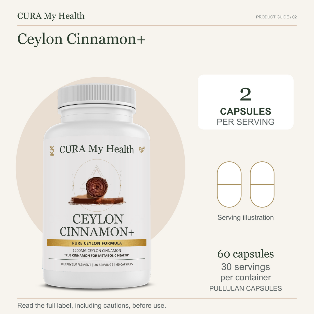 Ceylon Cinnamon+ bottle with 2 capsules per serving and 60 capsules