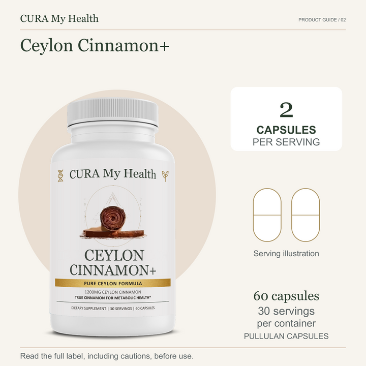 Ceylon Cinnamon+ bottle with 2 capsules per serving and 60 capsules