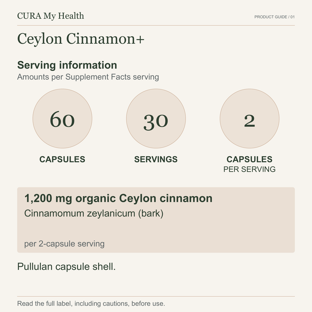 Ceylon Cinnamon+ serving information: 60 capsules, 30 servings, 30-day supply