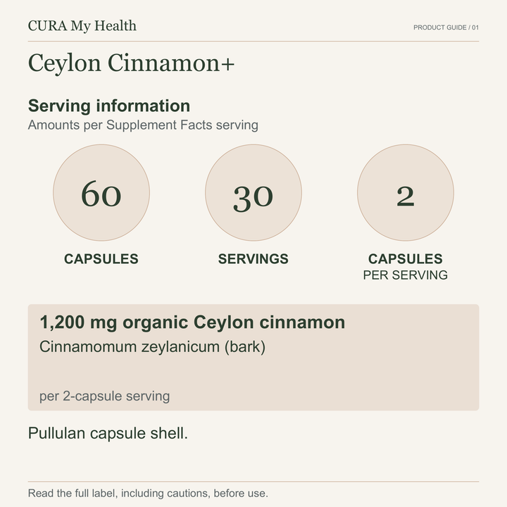 Ceylon Cinnamon+ serving information: 60 capsules, 30 servings, 30-day supply