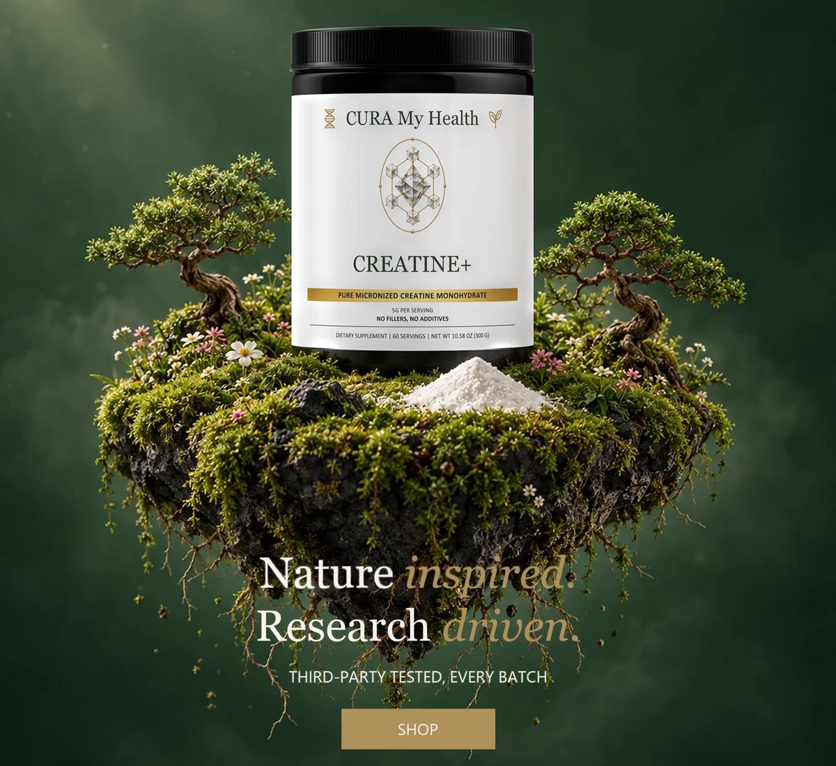 Creatine+ on a floating bonsai moss island. Nature inspired. Research driven. Third-party tested, every batch.