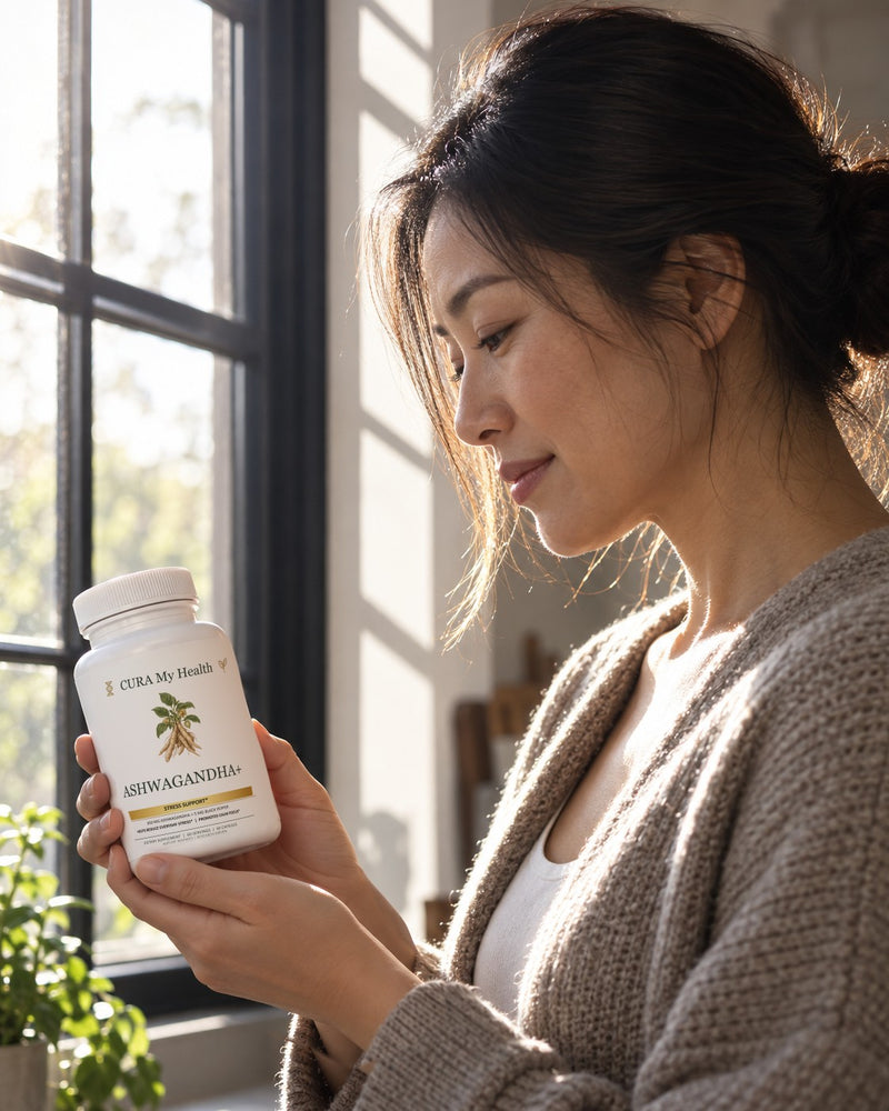 Woman holding Ashwagandha+ by a sunny window
