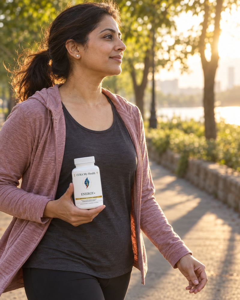 Woman carrying Energy+ on a morning walk