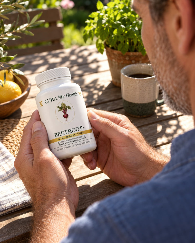 Man holding Beetroot+ at an outdoor table