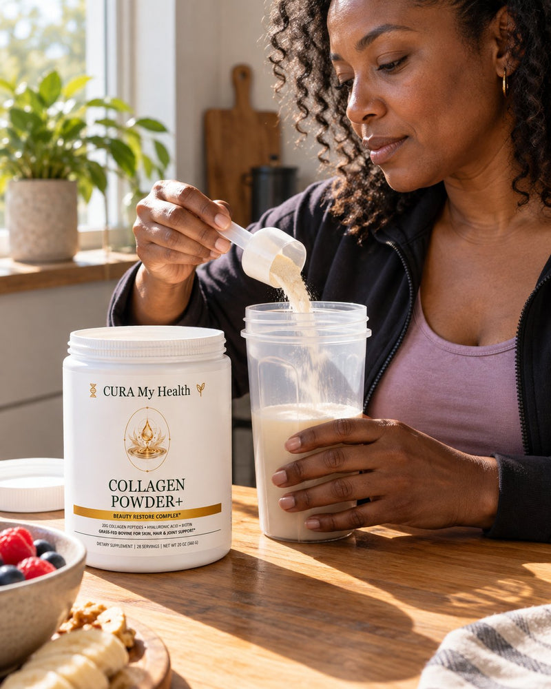 Woman scooping Collagen Powder+ into a drink