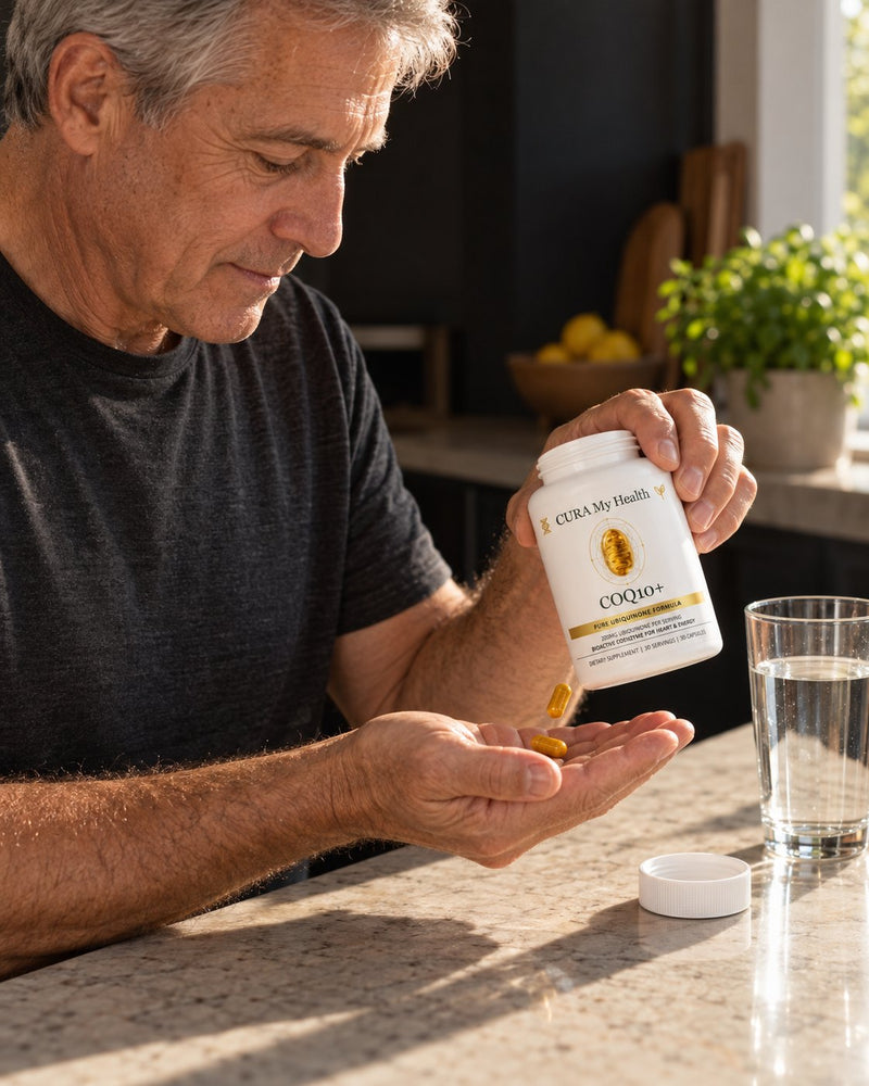 Man taking CoQ10+ with a glass of water