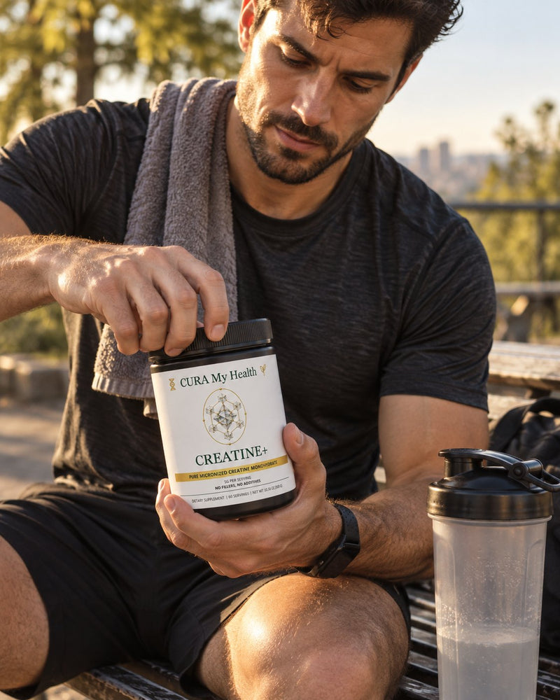 Man opening a tub of Creatine+ after a workout