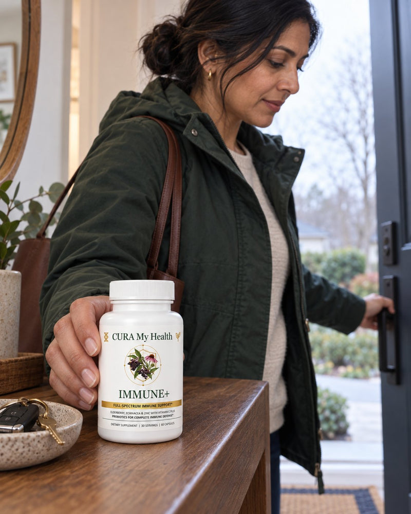 Woman setting down Immune+ on her way out the door