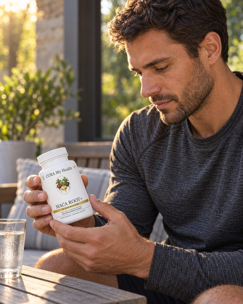 Man holding Maca Root+ on a sunny patio